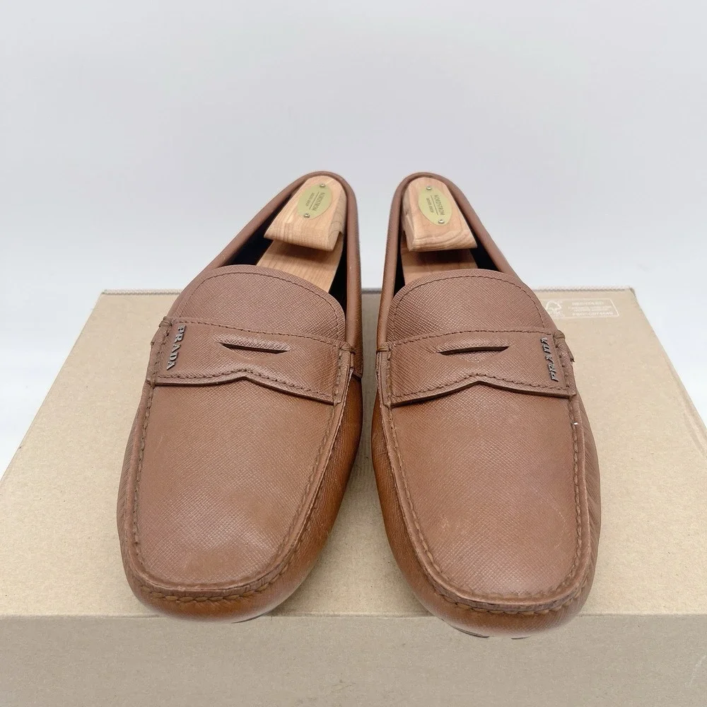 PRADA Saffiano Men's Driver Loafer Logo Ostrich BrownLeather 2DD151 EU 41 US 8